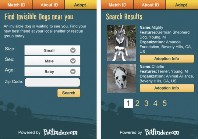 Screenshots of the internal pages of the app that shows the options available for searching for the appropriate pet as well as the search results.
