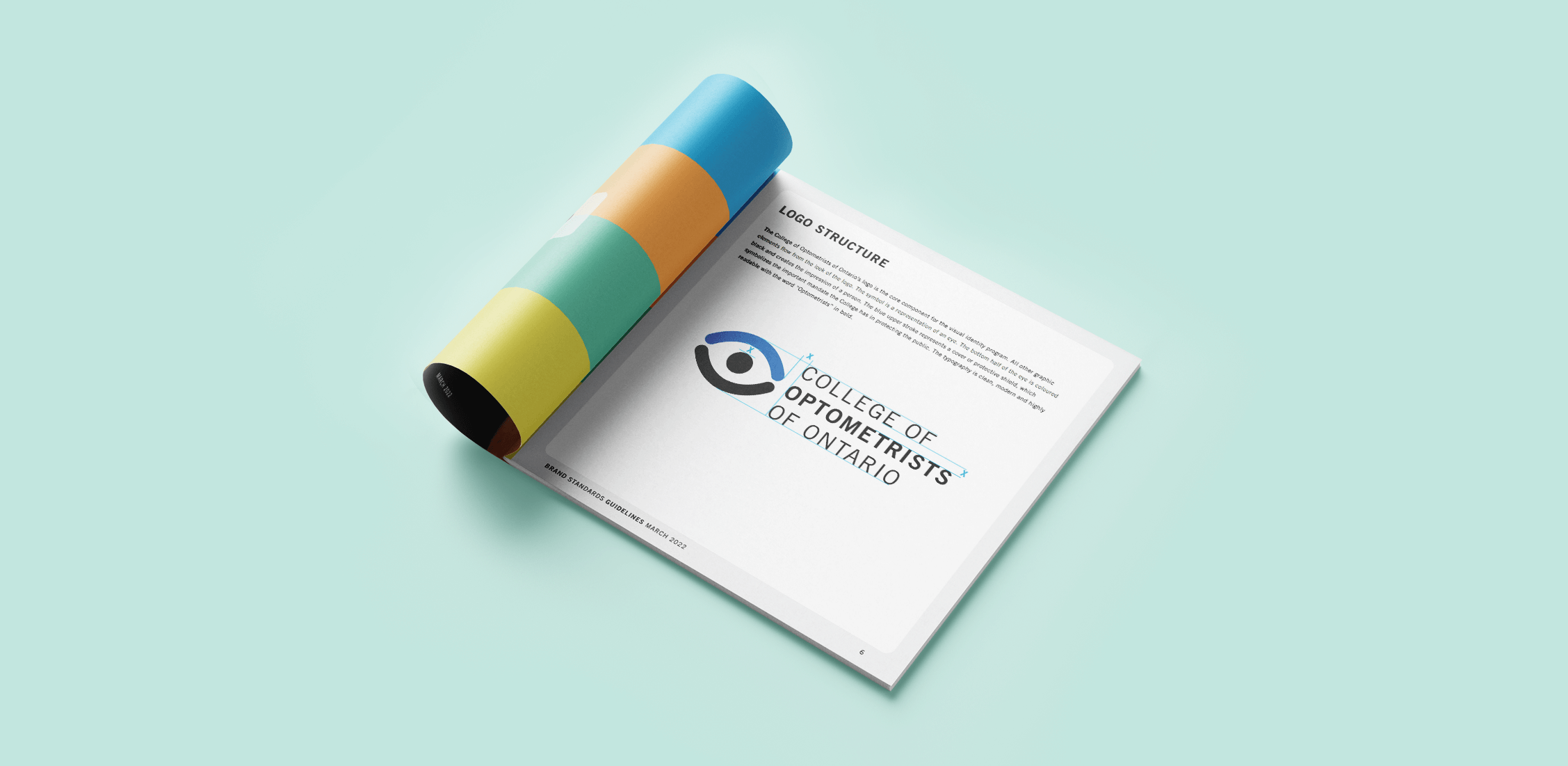 First page of the brand standards guide design for the College of Optometrist of Ontario.