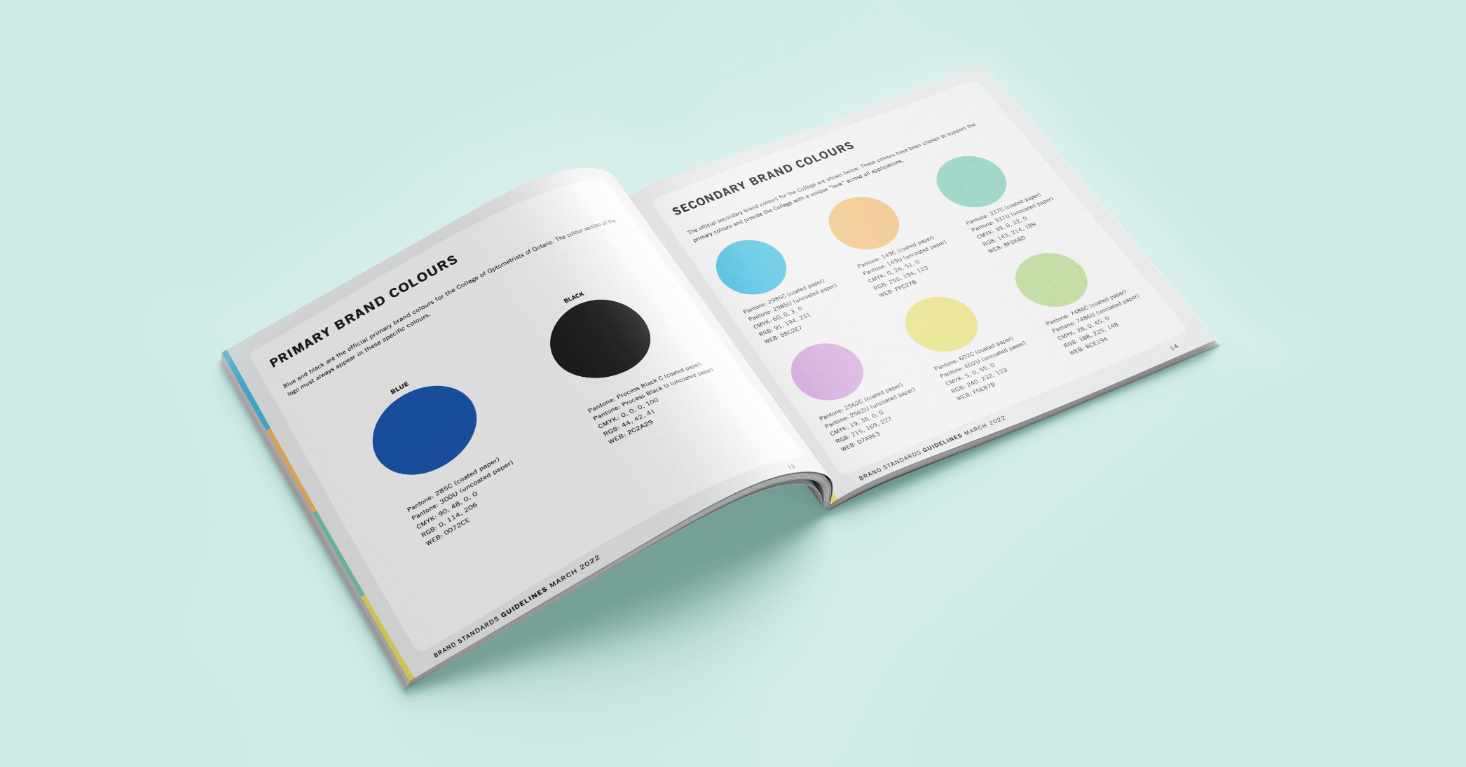 Color scheme of the brand standards guide design for the College of Optometrist of Ontario.