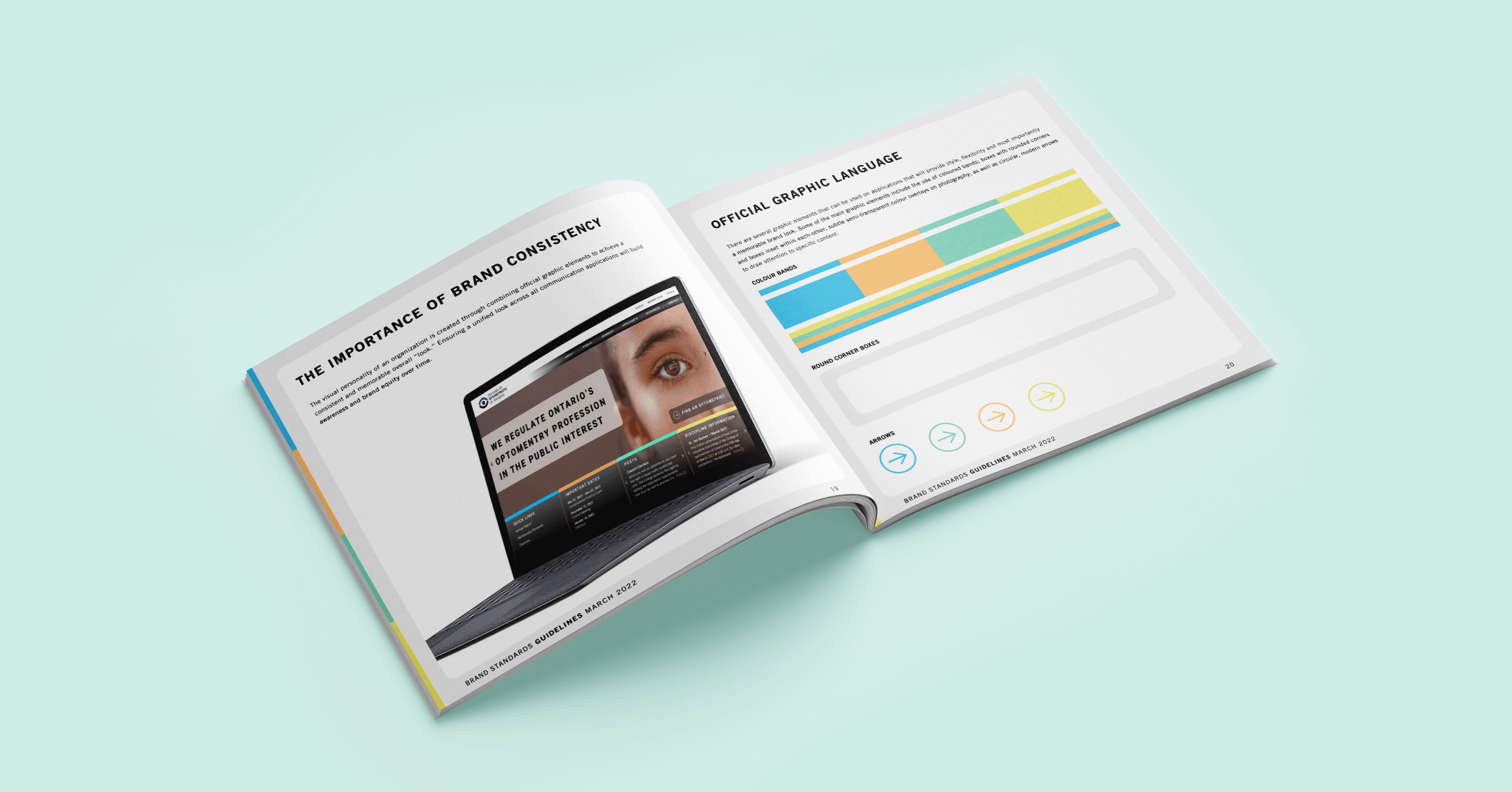 Graphic language of the brand standards guide design for the College of Optometrist of Ontario.